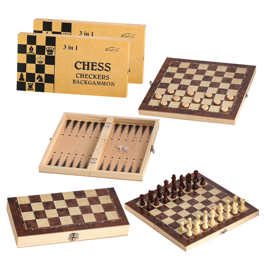 Board Game Operation - Wooden 3-in-1 Checkers Backgammon and Chess