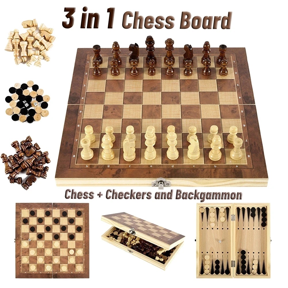 Board Game Operation - 3 in 1 Wooden Checkers Backgammon